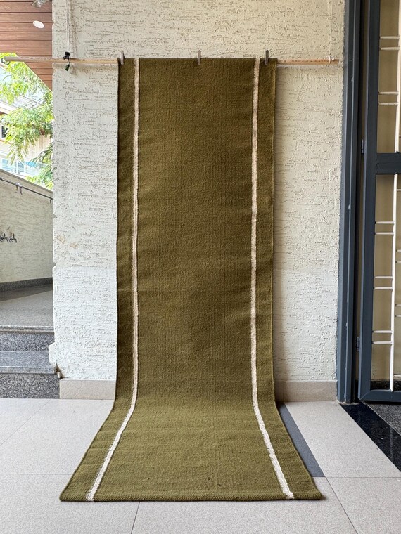 Wool Stairs Runner Rug | Earthy Green Runner Rug, Handwoven Rug for Bedside, Entryway, Kitchen, Modern Decor, Custom Sizes Rug, Eco Friendly