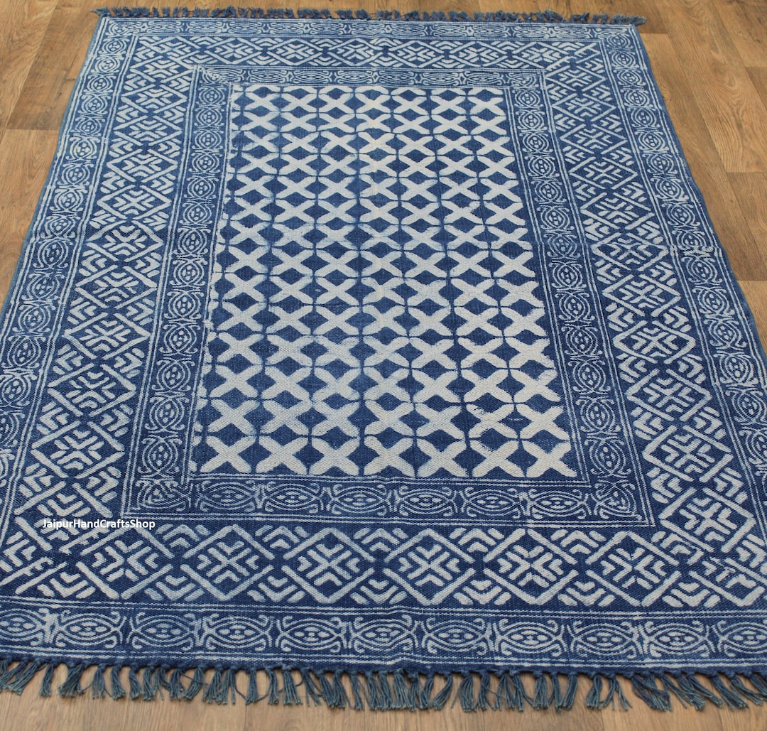 10x14 Feet up to 10x20 Feet Large Indigo Hand Woven Blue and White