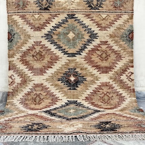 Multi Sizes Vintage Inspired Kilim Rug  | Natural & Eco friendly Hemp Cotton Area Kilim | Southwestern Design | Traditional Moroccan motif