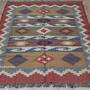 4x4 Ft Handmade Square  Area Rug, Wool Jute Rug, Kilim Rug, Feet, Dining Room / Kitchen Rug 4X4, 5X5, 6X6 , 10x10, 11X11, 12X12 etc.