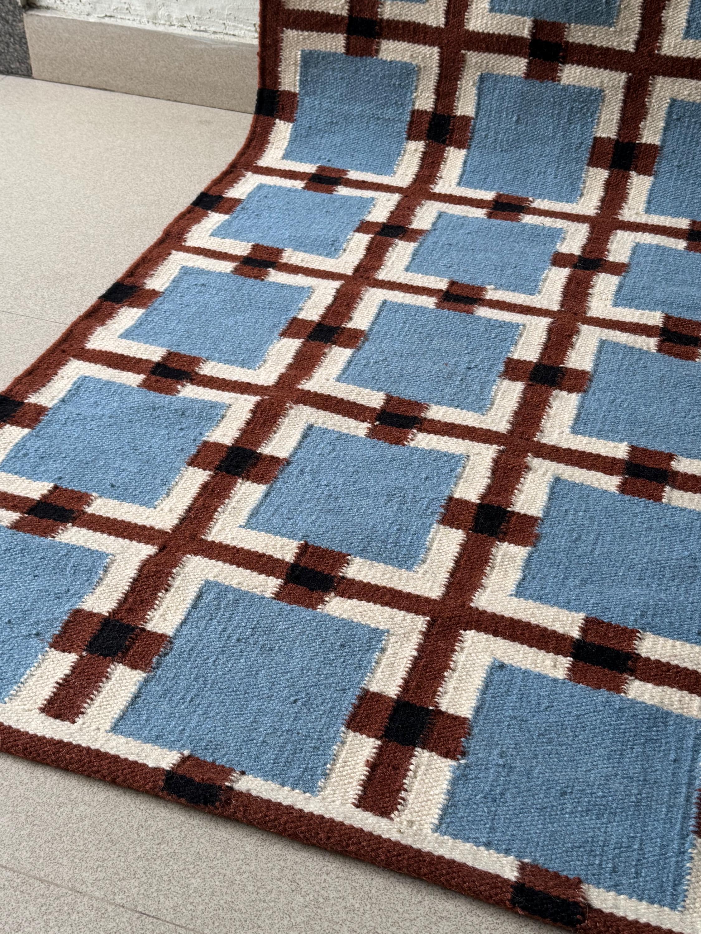 Wool Runner Rug for Stairs | Geometric Checkered Kilim | Mid-century ...