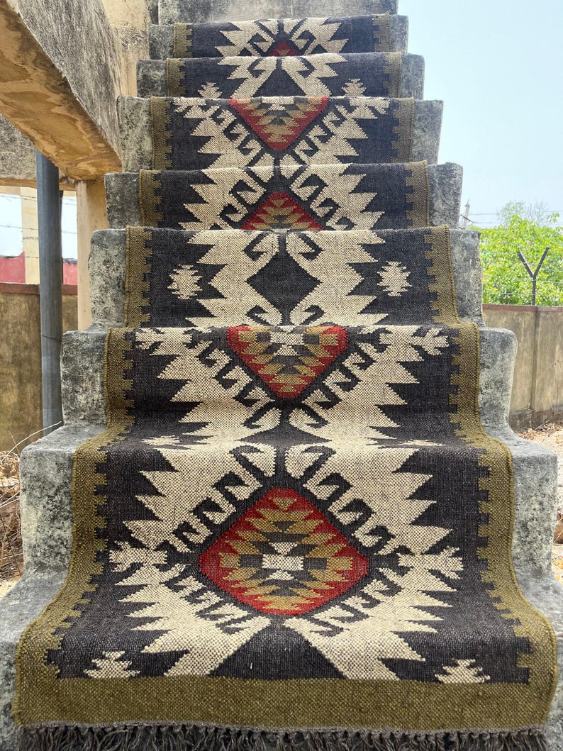 Multi Sizes Runner rug for stairs, Handwoven Geometric Indian Rug, Kilim Runner Rug for Entryway | Hallway | kitchen | Bedside image 2