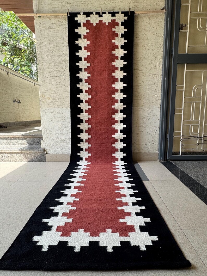 Earthy Fun Runner Rug Wool Runner Rug for Stairs | Rust Red Geometric Tribal Design | Earthy ...