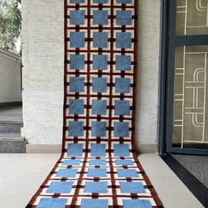 Wool Runner Rug for Stairs |  Geometric Checkered Kilim | Mid-Century Hallway Runner | Minimalist Decor | Eco-Friendly | Custom Sizes