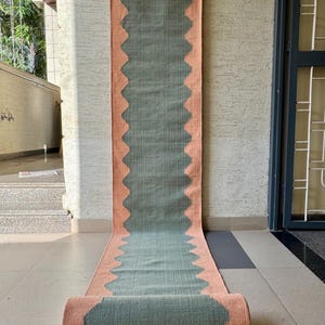 Wolle Treppen Läufer| Dusty Blue & Blush Pink Geometrischer Läufer Teppich | Skandinavischer Stil Flur, Treppenläufer, Nachttisch