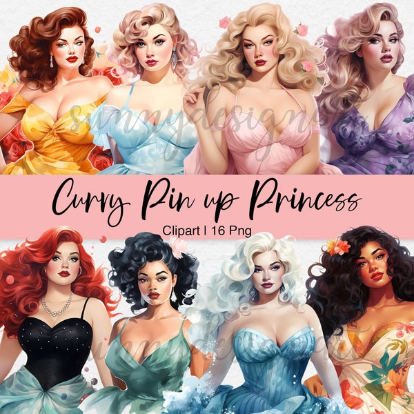 Curvy Pin Up Princess Clipart, Pin Up Girls Clipart, Plus Size Girls, Vintage Clipart, Retro Watercolor Clipart, Pin Up PNG, Commercial Use