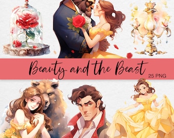 Puede incluir: Una ilustración digital de Bella y la Bestia de la película de Disney La Bella y la Bestia. Bella lleva un vestido amarillo y la Bestia lleva un traje azul. La imagen también incluye una rosa en una cúpula de vidrio, un candelabro y un príncipe con un traje rojo.