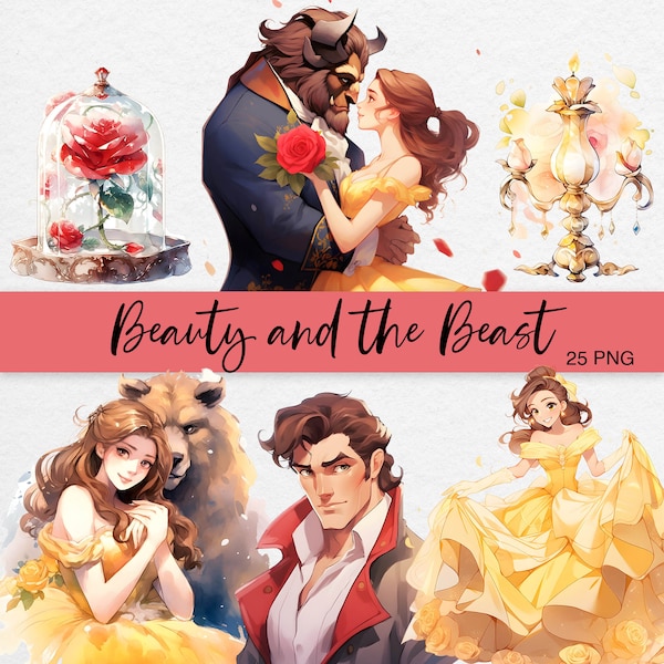 Beauty and the Beast Clipart | Anime style | Belle PNG | Beast PNG | Princess Clip art | Rose Clipart | Fairytale Clipart | Commercial Use