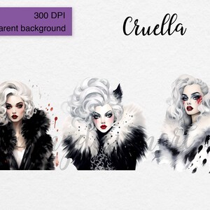 May include: Three digital illustrations of Cruella de Vil from the Disney movie 101 Dalmatians. Each illustration features Cruella with her signature white hair and red lips. The first illustration shows Cruella wearing a black fur coat. The second illustration shows Cruella wearing a black and white fur coat with a black cat ear headband. The third illustration shows Cruella wearing a white fur coat with black dalmatian spots.