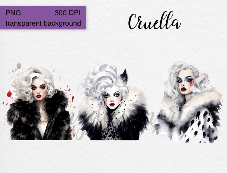 May include: Three digital illustrations of Cruella de Vil from the Disney movie 101 Dalmatians. Each illustration features Cruella with her signature white hair and red lips. The first illustration shows Cruella wearing a black fur coat. The second illustration shows Cruella wearing a black and white fur coat with a black cat ear headband. The third illustration shows Cruella wearing a white fur coat with black dalmatian spots.