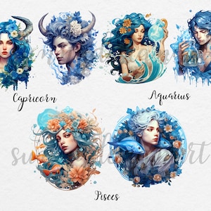 May include: Watercolor illustrations of the zodiac signs Capricorn, Aquarius, Pisces. Each sign is depicted as a person with blue hair and surrounded by blue flowers and water.