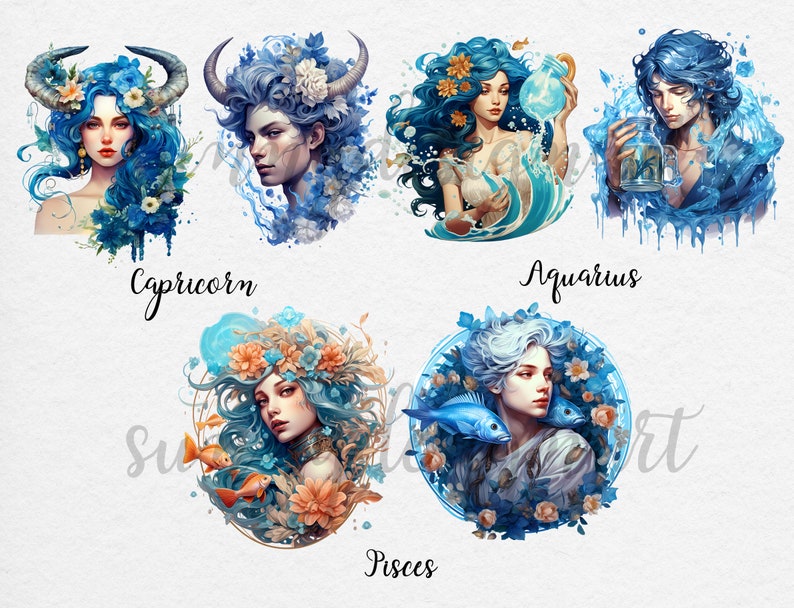 May include: Watercolor illustrations of the zodiac signs Capricorn, Aquarius, Pisces. Each sign is depicted as a person with blue hair and surrounded by blue flowers and water.
