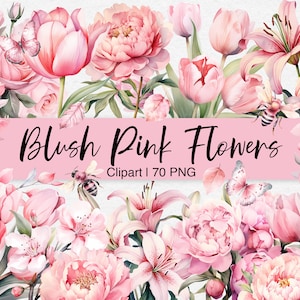 Blush Pink Flower Clipart, Watercolor Floral PNG, Wedding Bouquet Clip Art, Pastel Rose Wreath Frame, Digital Download for Invitations