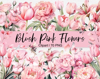 Blush Pink Flowers Clipart, Watercolor Flower Clipart, Pink Flower Frame, Wedding Clipart, Floral Clipart, Pink Flowers PNG, Commercial Use