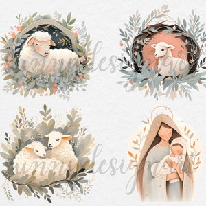 Puede incluir: Cuatro ilustraciones digitales que representan un cordero, dos corderos y una madre y un ni&ntilde;o. Las ilustraciones se encuentran sobre un fondo de follaje verde y marr&oacute;n suave.