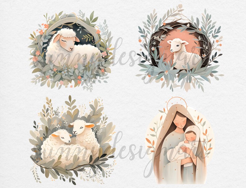 Puede incluir: Cuatro ilustraciones digitales que representan un cordero, dos corderos y una madre y un ni&ntilde;o. Las ilustraciones se encuentran sobre un fondo de follaje verde y marr&oacute;n suave.