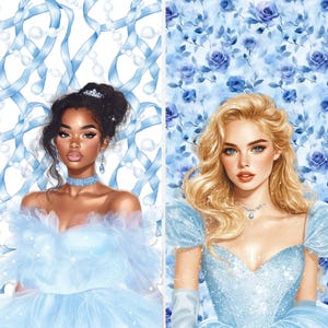 Diverse princess clipart with watercolor backgrounds and floral seamless patterns, showcasing Black and Blonde Cinderella characters in blue dresses.