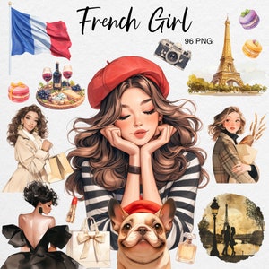 França aquarela clipart, garotas francesas, Paris PNG, torre Eiffel, buldogue francês, ilustração de moda, compras, viagens de verão, comercial