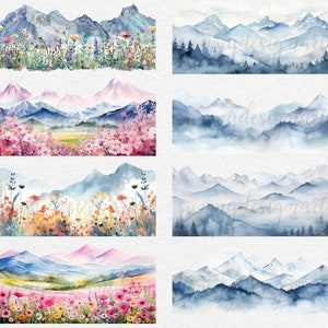 May include: A set of eight watercolor illustrations featuring mountain landscapes with a variety of colors, including blue, green, pink, and white. Some of the illustrations feature wildflowers in the foreground.