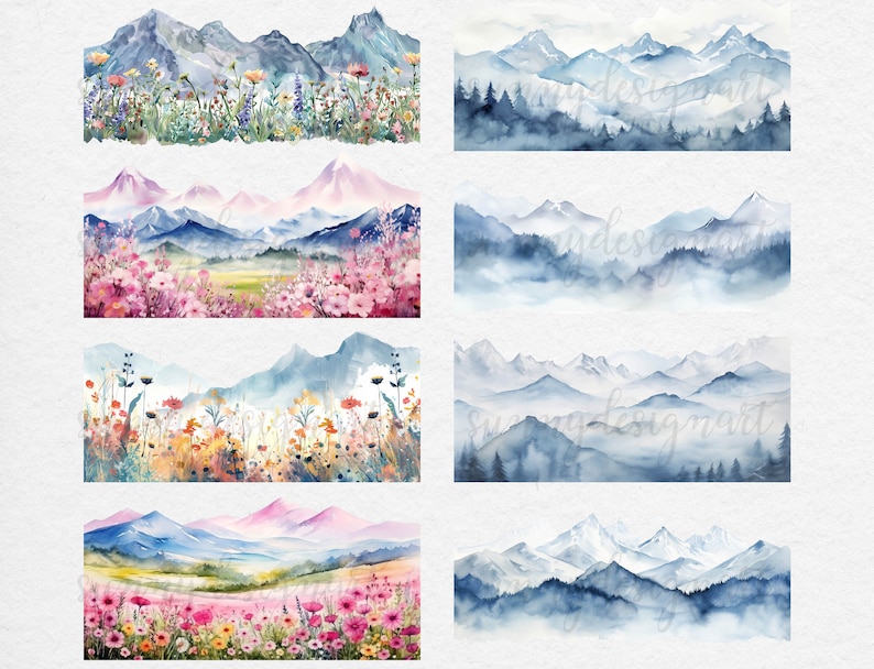 May include: A set of eight watercolor illustrations featuring mountain landscapes with a variety of colors, including blue, green, pink, and white. Some of the illustrations feature wildflowers in the foreground.