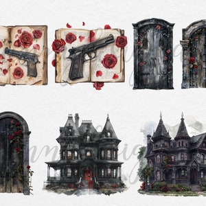 May include: A digital collage of gothic imagery, including a vintage book with red roses and a gun, two dark wooden doors with rose vines, a large Victorian house with red accents, and a smaller Victorian house with a red door.