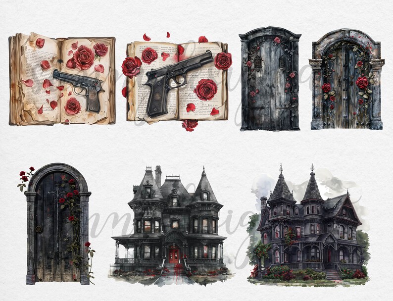 May include: A digital collage of gothic imagery, including a vintage book with red roses and a gun, two dark wooden doors with rose vines, a large Victorian house with red accents, and a smaller Victorian house with a red door.