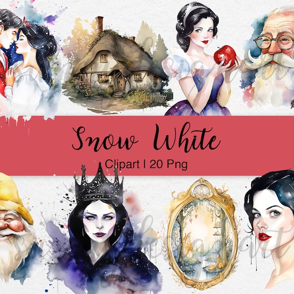 Snow White Clipart, Fairy Tale Princess PNG, Watercolor Snow White, Seven Dwarves, Evil Queen, Fairytale Clipart, Princess Clipart, Digital