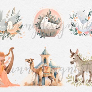 Puede incluir: Un conjunto de seis ilustraciones de acuarela que representan escenas de la historia de la Natividad. Las ilustraciones incluyen una paloma en un nido, dos palomas volando, un &aacute;ngel tocando un arpa, un camello, un burro y una iglesia.