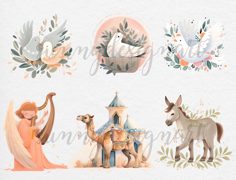 Puede incluir: Un conjunto de seis ilustraciones de acuarela que representan escenas de la historia de la Natividad. Las ilustraciones incluyen una paloma en un nido, dos palomas volando, un &aacute;ngel tocando un arpa, un camello, un burro y una iglesia.