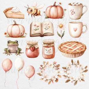 Puede incluir: Una colecci&oacute;n de ilustraciones de tem&aacute;tica oto&ntilde;al, que incluyen una calabaza, una abeja, un pastel, una rana, un libro, un tarro de mermelada, una taza de chocolate caliente y una corona de flores blancas.