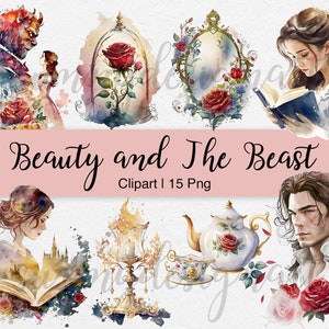 Watercolor Beauty and the Beast Clipart | Belle PNG | Beast PNG | Fairytale Clipart | Princess Clip Art | Instant Download | Commercial Use