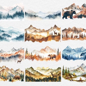 May include: Watercolor painting of a mountain range with a variety of wildlife, including bears, deer, and a campfire. The mountains are painted in shades of blue, green, and brown, and the sky is a soft blue.