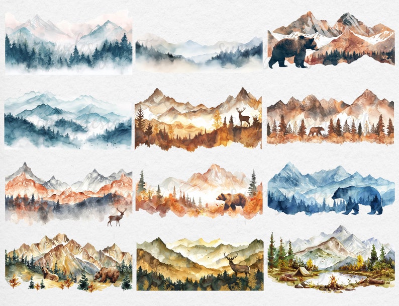 May include: Watercolor painting of a mountain range with a variety of wildlife, including bears, deer, and a campfire. The mountains are painted in shades of blue, green, and brown, and the sky is a soft blue.