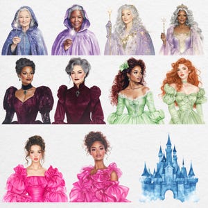 Fairytale character clipart set including fairy godmothers, stepmother, and stepsisters in colorful gowns, watercolor Cinderella story PNG illustrations.