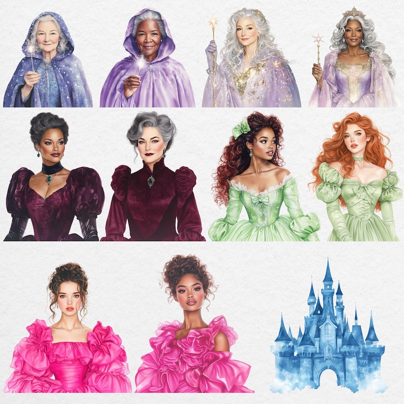 Fairytale character clipart set including fairy godmothers, stepmother, and stepsisters in colorful gowns, watercolor Cinderella story PNG illustrations.