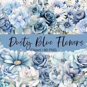 Clipart de flores de acuarela azul polvoriento: 80 gráficos florales PNG (descarga digital)