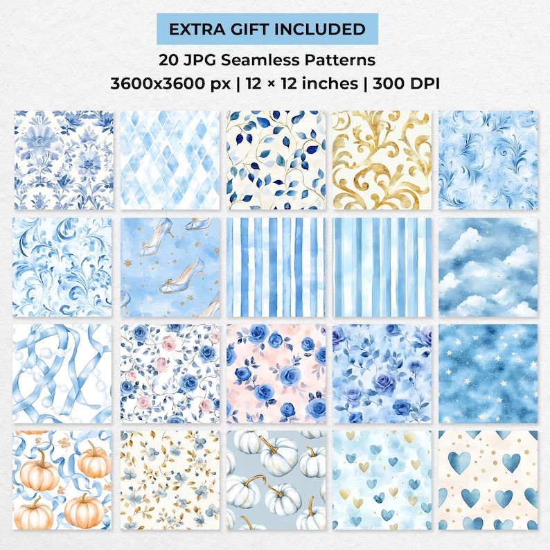 Seamless watercolor patterns in blue and gold, roses, shoes, pumpkins, stars and hearts, matching background designs included with Cinderella clipart set.