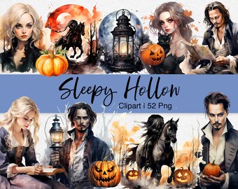 Sleepy Hollow Watercolor Clipart: Headless Horseman, Pumpkins (PNG, Commercial Use)