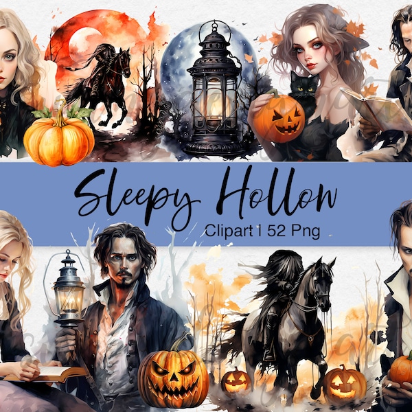Sleepy Hollow Clipart, Halloween Clipart, Watercolor Clipart, Headless Horseman, Pumpkin, Crow, Spooky Clipart, Halloween PNG Commercial Use