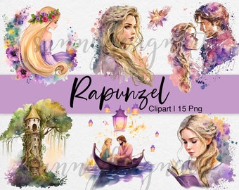 Clipart de Rapunzel en acuarela: Conjunto de pegatinas digitales PNG de princesas