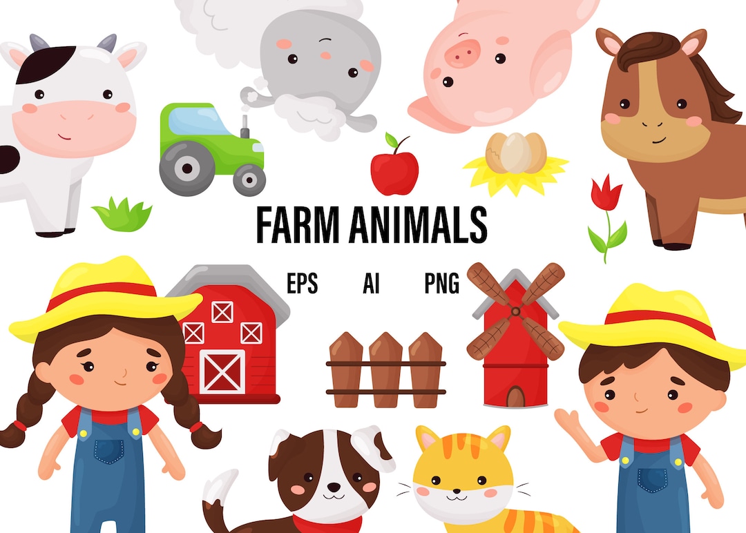 Kawaii Farm Animals Vector Clipart, Livestock Animal Clip Art, Sheep