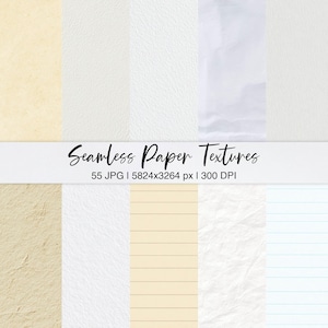 May include: A collection of seamless paper textures in various shades of white and cream. The image includes textures such as lined paper, crumpled paper, and textured paper. The text "Seamless Paper Textures" is displayed across the image, along with the details "55 JPG | 5824x3264 px | 300 DPI".