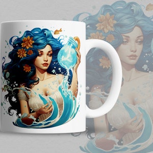 May include: White ceramic mug with a colorful illustration of a woman with blue hair pouring water from a jar. The woman is surrounded by blue water and bubbles.