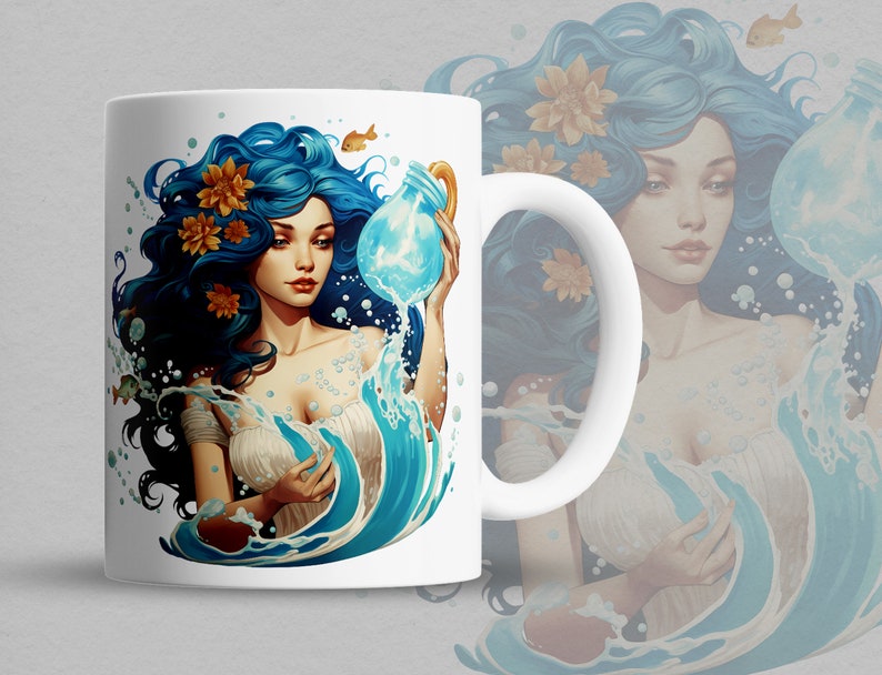 May include: White ceramic mug with a colorful illustration of a woman with blue hair pouring water from a jar. The woman is surrounded by blue water and bubbles.