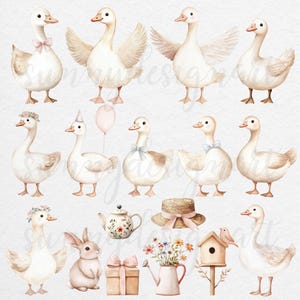 Puede incluir: Un conjunto de ilustraciones de acuarela con gansos lindos, un conejo, una tetera, una regadera, una casita de p&aacute;jaros, un sombrero y un ramo de flores. Las ilustraciones son perfectas para agregar un toque de fantas&iacute;a a cualquier proyecto.