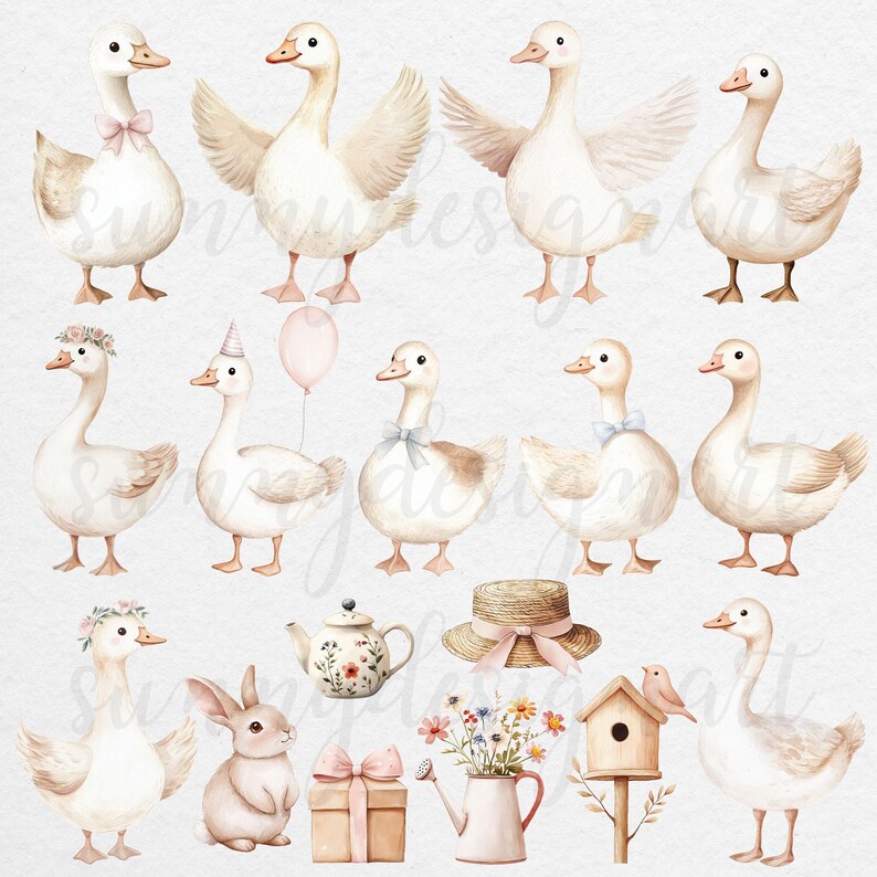 Puede incluir: Un conjunto de ilustraciones de acuarela con gansos lindos, un conejo, una tetera, una regadera, una casita de p&aacute;jaros, un sombrero y un ramo de flores. Las ilustraciones son perfectas para agregar un toque de fantas&iacute;a a cualquier proyecto.