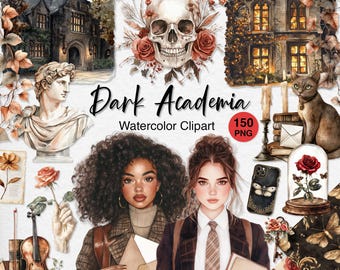 Op de afbeelding: Een digitale aquarel clipart collectie met een dark academia thema. De afbeelding bevat illustraties van een schedel, een buste, een viool, een kat en twee vrouwen. De tekst luidt "Dark Academia Watercolor Clipart 150 PNG" en "BONUS! 17 SEAMLESS PATTERNS."