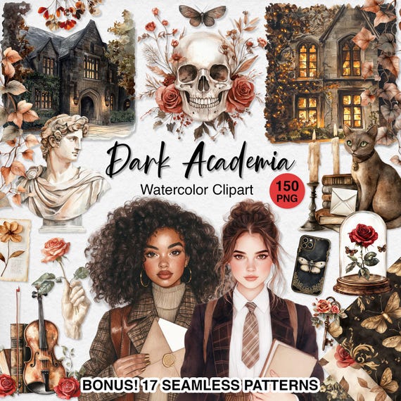Dark Academia Watercolor Clipart: Autumn Library PNG Bundle