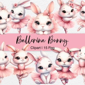 Clipart lapin ballerine, aquarelle, danse des lapins en robe Tutu rose, bébé lapin, clipart chambre d'enfant, PNG, téléchargement numérique