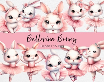 Clipart de conejita bailarina: Conejitas bailando en acuarela con tutú rosa (Descarga digital)